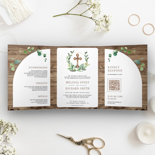 Convite Com Dobra Tripla Cruz de Madeira de Eucalipto All in One Casamento  (Criador carregado)