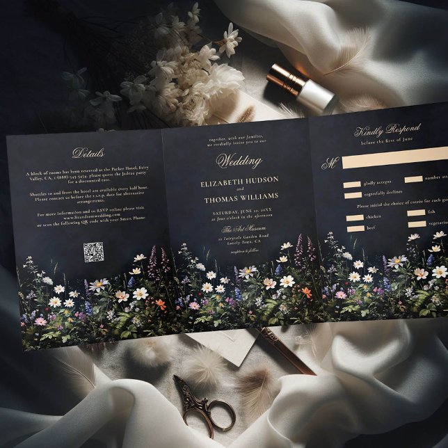 Convite Com Dobra Tripla Dark Moody Romance Selvagens Todos em Um Casamento (moody dark romantic wedding invitation dusk garden wild flowers black all one seal send modern chic)