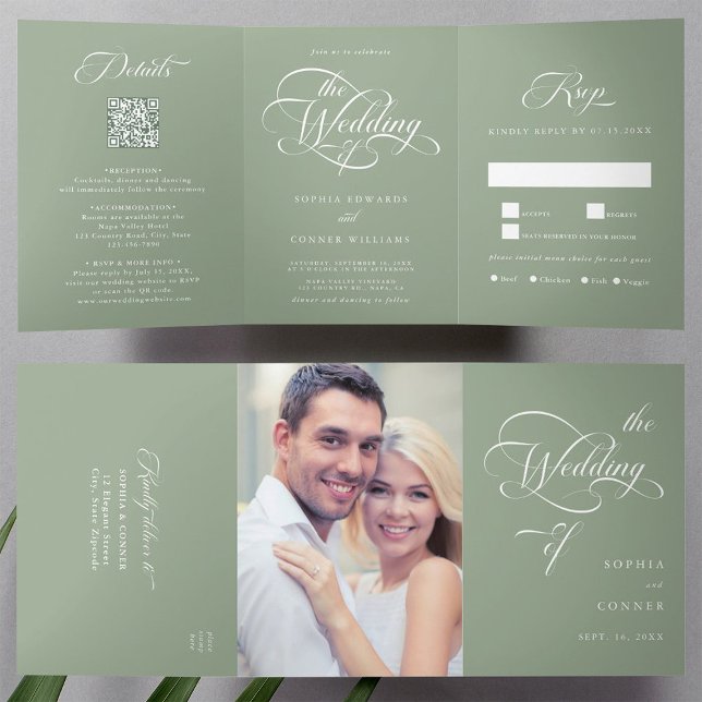 Convite Com Dobra Tripla Delicate Elegant Script Wedding Sage Green (Inside & Outside)
