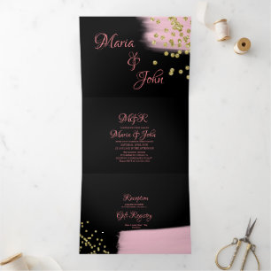 Convite Com Dobra Tripla Deslumbrante Confete Brilho Escova Rosa Casamento