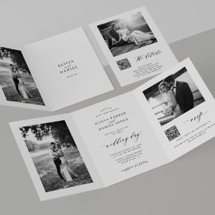 Convite Com Dobra Tripla Detalhes de RSVP de código QR de foto minimalista