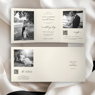 Convite Com Dobra Tripla Detalhes de RSVP de código QR de foto minimalista