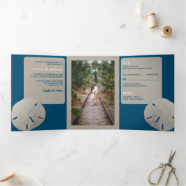 Convite Com Dobra Tripla Dólar de areia, Casamento de Praia Azul de Oceano