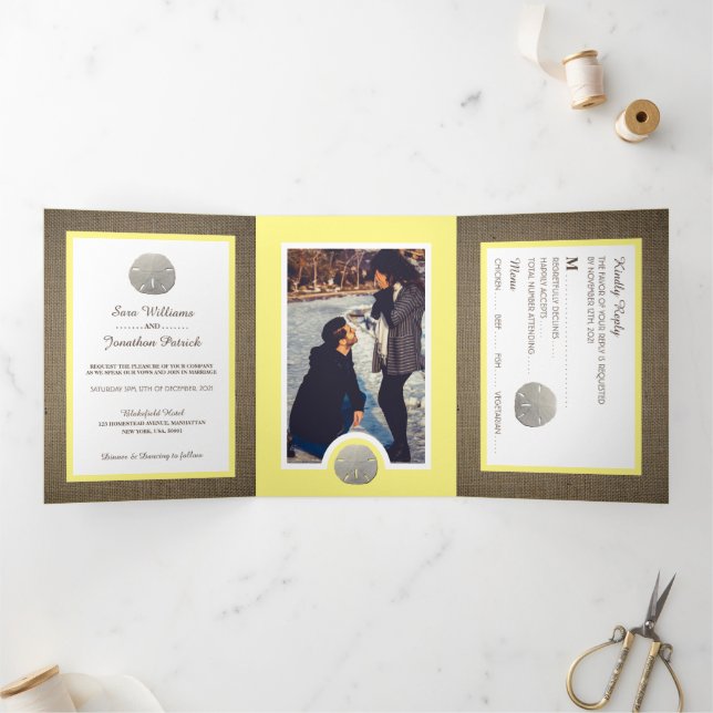 Convite Com Dobra Tripla Dólares de areia e Burlap, Lemon Beach Wedding Sui (Dentro)