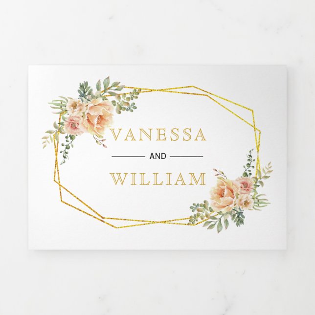 Convite Com Dobra Tripla Douradas flores geométricas de aquarela floral (Cobrir)