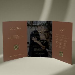 Convite Com Dobra Tripla Dourado marrom cobre foto casamento RSVP detalhes