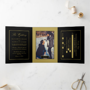 Convite Com Dobra Tripla Dourado moderno preto e suave, Suite de casamento