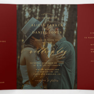 Convite Com Dobra Tripla Dourado natalino burgundy foto casamento RSVP QR