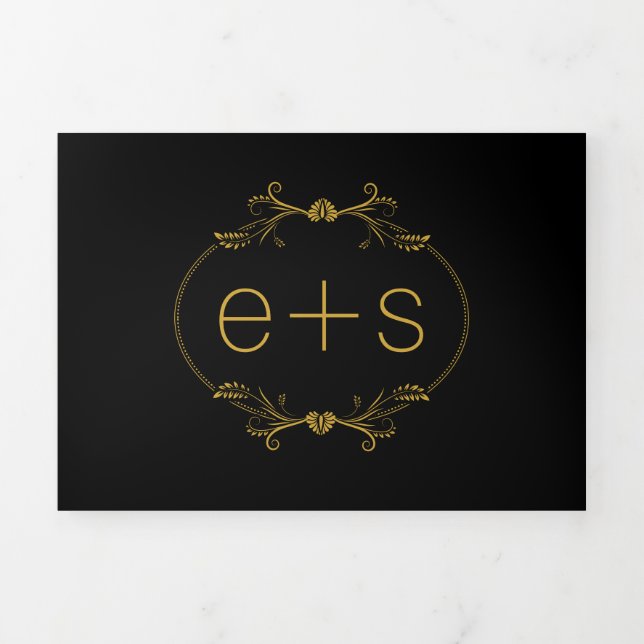 Convite Com Dobra Tripla Dourado quadro e iniciais monograma casamento negr (Cobrir)