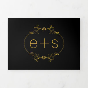 Convite Com Dobra Tripla Dourado quadro e iniciais monograma de casamento p
