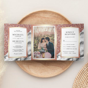 Convite Com Dobra Tripla Dourado Rosa Brilho Cinza Mármore Foto Casamento