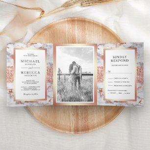 Convite Com Dobra Tripla Dourado Rosa Brilho Mármore Branco Foto Casamento