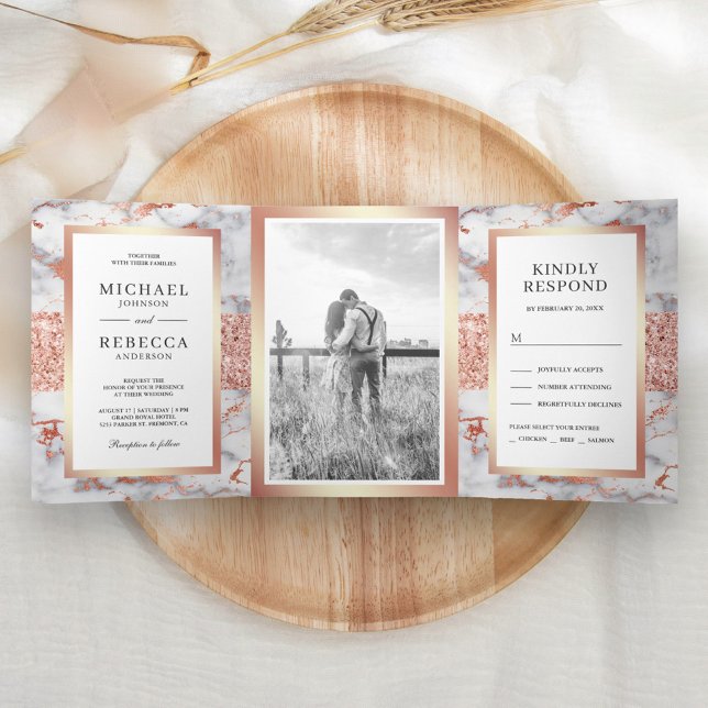 Convite Com Dobra Tripla Dourado Rosa Brilho Mármore Branco Foto Casamento (Criador carregado)