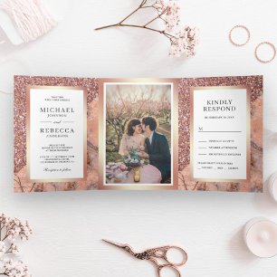 Convite Com Dobra Tripla Dourado Rosa Brilho Mármore Rosa Foto Casamento