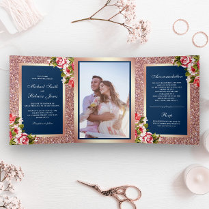 Convite Com Dobra Tripla Dourado Rosa Falso Brilho Faísca Floral Azul Casam