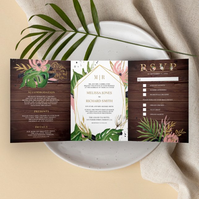 Convite Com Dobra Tripla Dourado Tropical Selvagem Rubor Rosa Floral Madeir (Criador carregado)