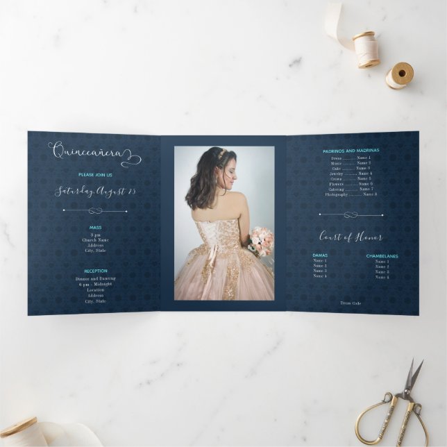 Convite Com Dobra Tripla Duas Fotografias de Silhouette Tropical Quinceaner (Dentro)