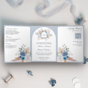 Convite Com Dobra Tripla Dusty Blue Floral Boho Pampas Código QR Casamento
