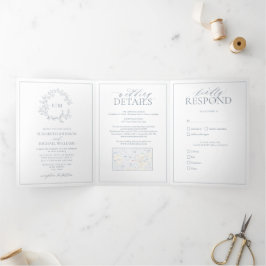 Convite Com Dobra Tripla Dusty Blue Leafy Crest Monograma Casamento