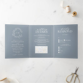 Convite Com Dobra Tripla Dusty Blue Leafy Crest Monograma Casamento