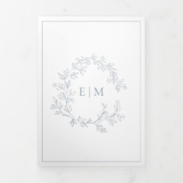 Convite Com Dobra Tripla Dusty Blue Leafy Crest Monograma Casamento