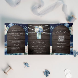Convite Com Dobra Tripla Dusty Blue Peony Mason Jar Código QR Casamento de 