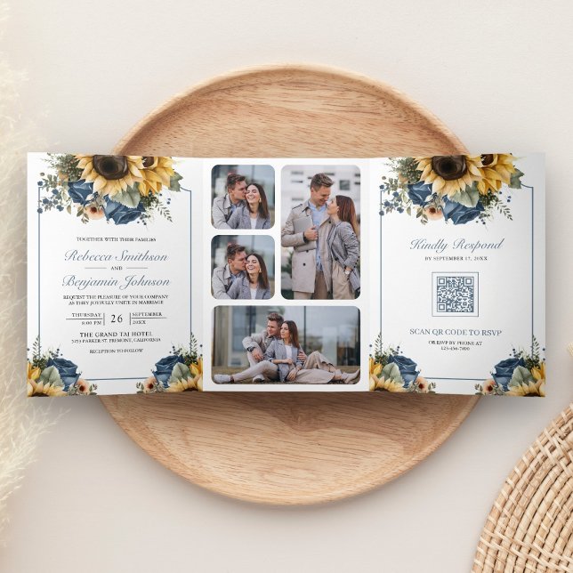 Convite Com Dobra Tripla Dusty Blue Roses Sunflowers Photo QR Code Wedding (Criador carregado)