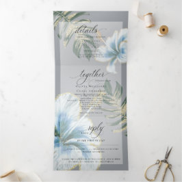 Convite Com Dobra Tripla Dusty Blue Watercolor Hibiscus Foliage Casamento