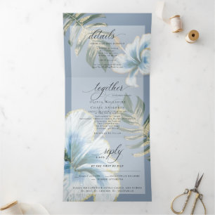 Convite Com Dobra Tripla Dusty Blue Watercolor Hibiscus Foliage Casamento T