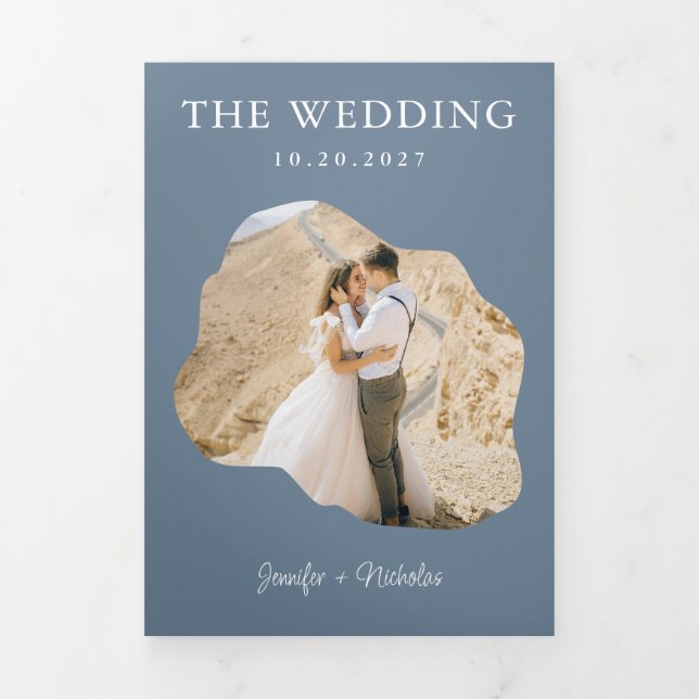 Convite Com Dobra Tripla Dusty Blue Wedding RSVP Detalhes do Código QR Foto (Cobrir)