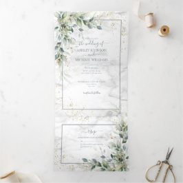 Convite Com Dobra Tripla Dusty Eucalyptus Botanical Dourado Casamento Verde