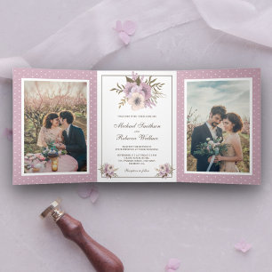 Convite Com Dobra Tripla Dusty Mauve Pink Foto De Casamento Floral