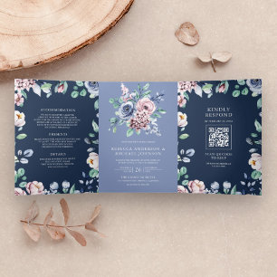 Convite Com Dobra Tripla Dusty Periwinkle Pink Floral Marinho QR Casamento