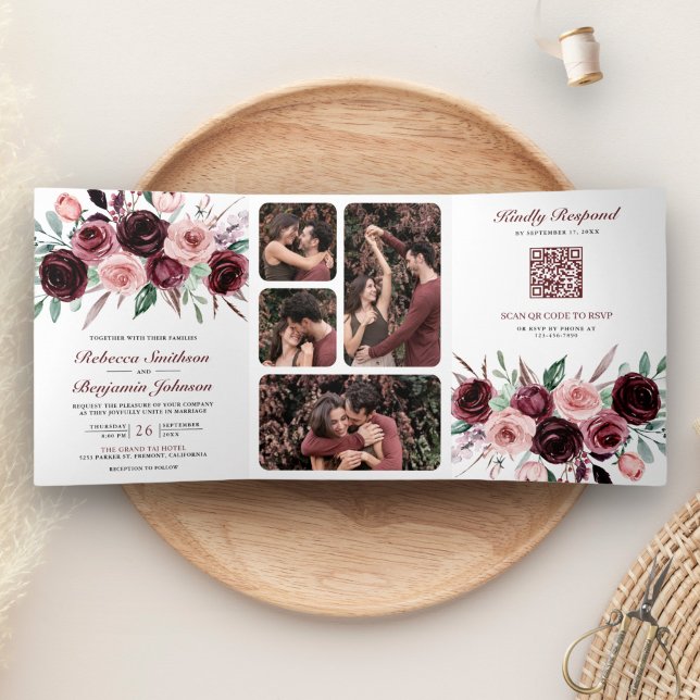 Convite Com Dobra Tripla Dusty Pink Burgundy Floral Código QR Casamento (Criador carregado)
