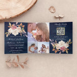 Convite Com Dobra Tripla Dusty Pink Ivory Floral Marinho Azul Código QR Cas<br><div class="desc">Incêndio aos seus convidados com este elegante tudo em um convite de casamento com lindas flores e tipografia moderna com cartão RSVP online. Basta adicionar os detalhes do seu evento neste modelo fácil de usar e adorar este cartão com as suas fotografias favoritas para o tornar um convite único.</div>