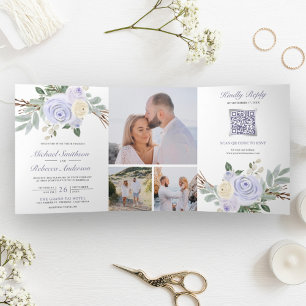 Convite Com Dobra Tripla Dusty Purple Floral Tudo em Um Casamento de Código