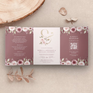 Convite Com Dobra Tripla Dusty Rosa Blush Floral Ampersand Código QR Casame
