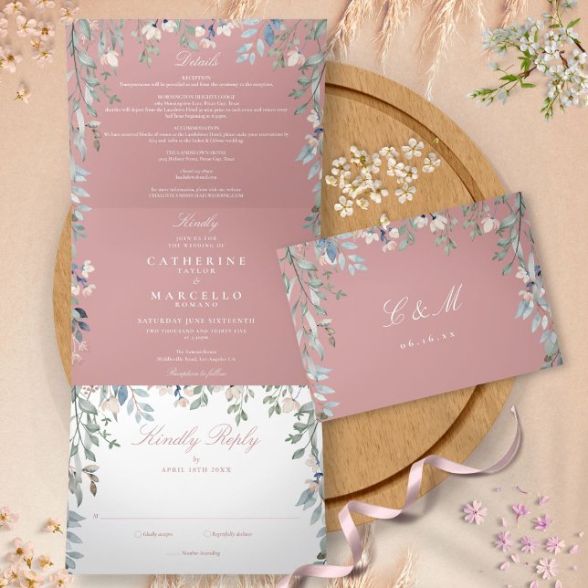 Convite Com Dobra Tripla Dusty Rosa Floral Wildflower Casamento Fotográfico (Dusty Rose Floral Wildflowers Photo Wedding Tri-Fold Invitation)