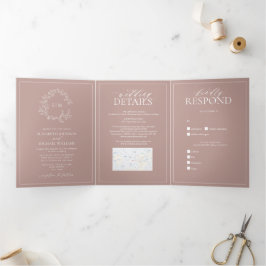 Convite Com Dobra Tripla Dusty Rosa Leafy Crest Casamento Monograma