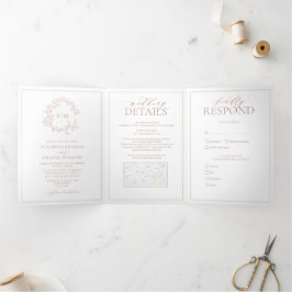 Convite Com Dobra Tripla Dusty Rosa Leafy Crest Casamento Monograma