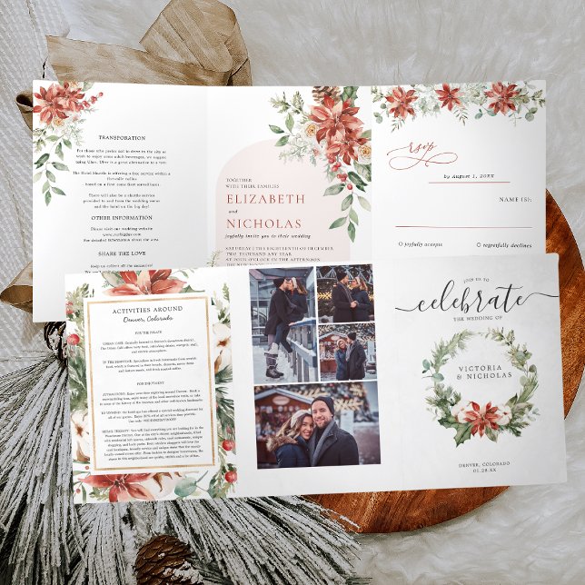 Convite Com Dobra Tripla É a Temporada | Floral de Casamento de Natal (Criador carregado)