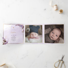 Convite Com Dobra Tripla EggPlant Couronne de Feuillage Aquarelle, Bapteme