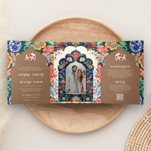 Convite Com Dobra Tripla Elefante Arte Popular Indiana Casamento Bege