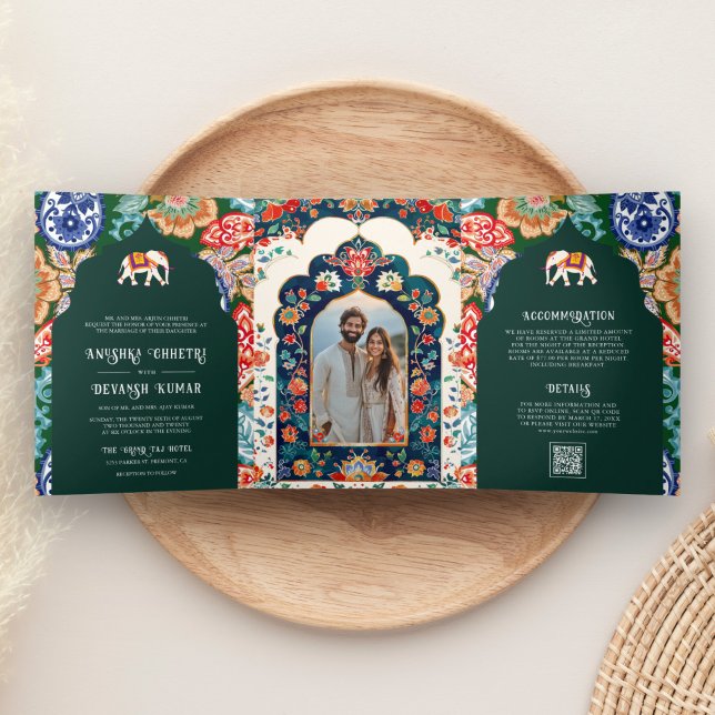 Convite Com Dobra Tripla Elefante Arte Popular Indiana Verde Esmeralda Casa (Criador carregado)