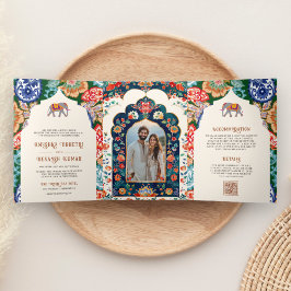 Convite Com Dobra Tripla Elefante Creme Arte Popular Indiana Vibrante Casam