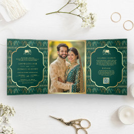 Convite Com Dobra Tripla Elefante Indiano Dourado Verde Esmeralda Foto Casa