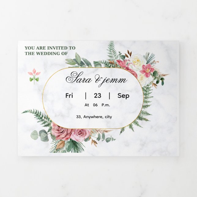 Convite Com Dobra Tripla Elegant Floral Wedding Invitation with Gold Oval F (Cobrir)