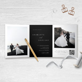 Convite Com Dobra Tripla Elegante Black Wedding RSVP Detalhes do Código QR 