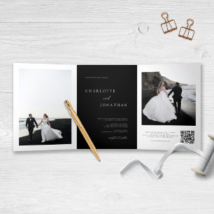 Convite Com Dobra Tripla Elegante Black Wedding RSVP Detalhes do Código QR