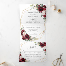 Convite Com Dobra Tripla Elegante Burgundy Blush Pink Floral Casamento RSVP